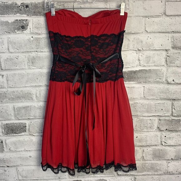 Vintage Y2K Red Sheer Black Lace Corset Strapless Babydoll Dress - Picture 6 of 16